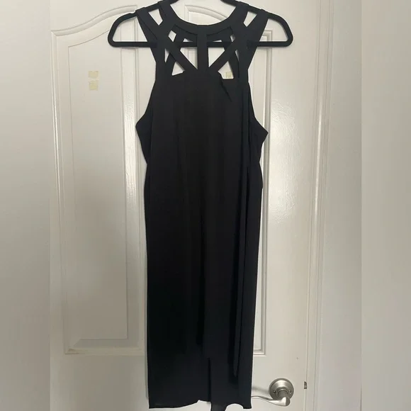 BCBGMaxAzria Cutout Neck Harness Collar High Low Slip Dress in Black - Picture 3 of 6